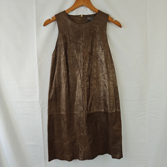 $1000 Vince Metallic Paper Leather Suede Mini Sleeveless Dress Bronze Brown Size - Picture 7 of 16
